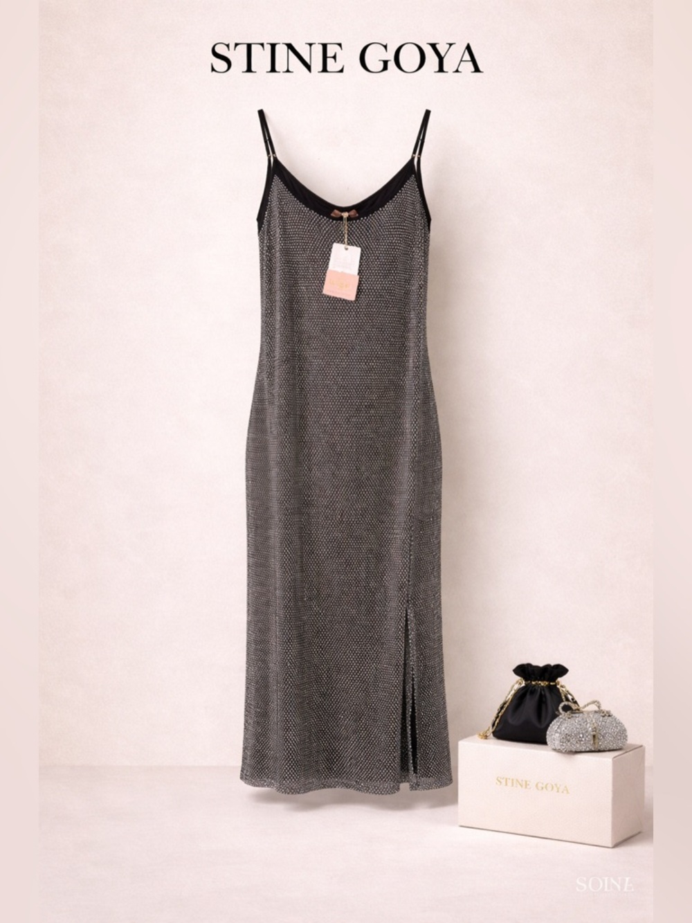 STINE GOYA Womens Black Oakley Crystal Midi Dress size M/L NEW